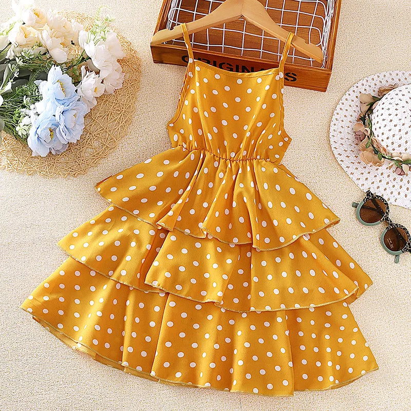 Princess Dress for Kids 4-12 Years Summer Polka Dot Cake Dress For Girls Formal Dresses Birthday Hosting Party Beach Vacation