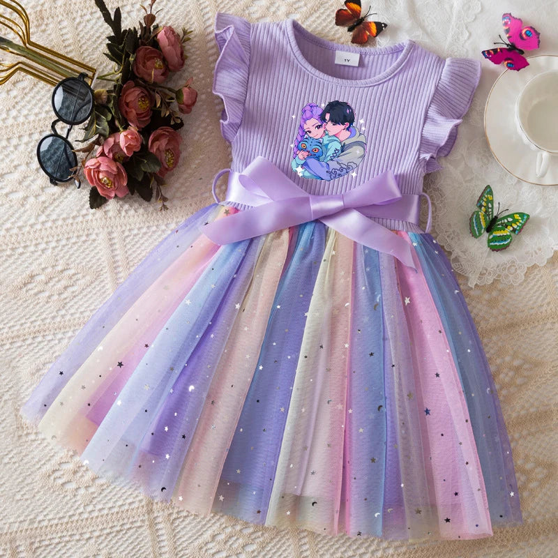 K-Pop Hunters Zoey Mira Rumi Girls Flying Sleeves Bow Sequin Dress Kids Baby Girl Birthday Party Fluffy Tutu Princess Dress 1-5Y