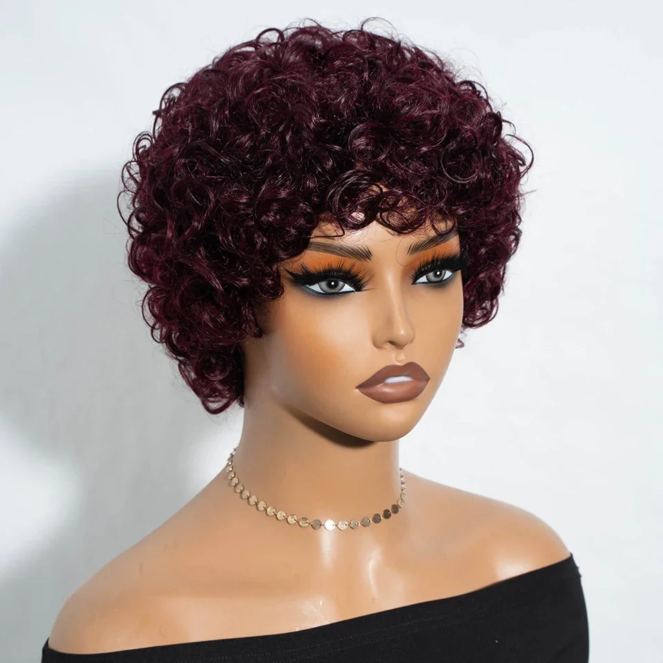 Brazilian Short Bob Pixie Afro Kinky Curly Wigs With Bangs For Black Women Natural Brown 99J Full Machine Made Human Hair Wigs