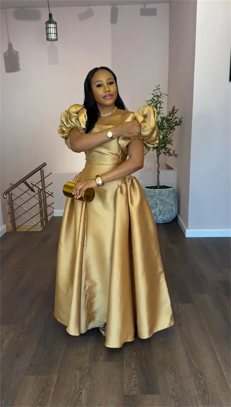 Elegant Dress for Women's Puff Sleeve Square Collar Gold Solid Pleated A-line Evening Party Cocktail Maxi Dresses