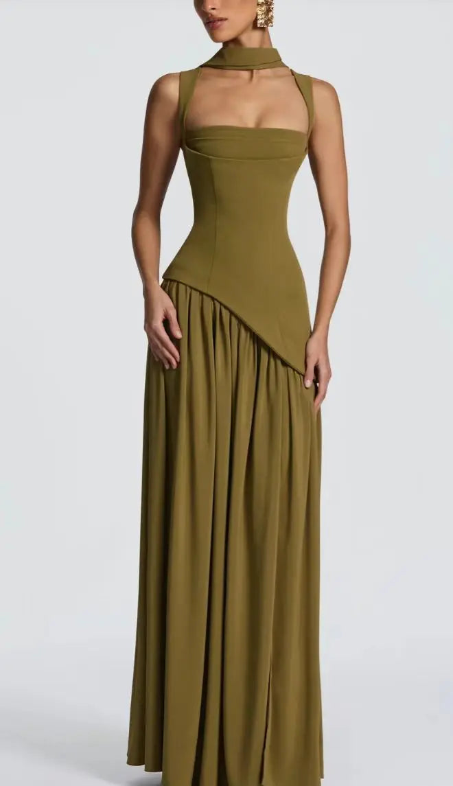 Suninheart Summer Elegant Olive Green Maxi Dress for Women Flowy Long Dress with Scarf Birthday Party Beach Graduation dress