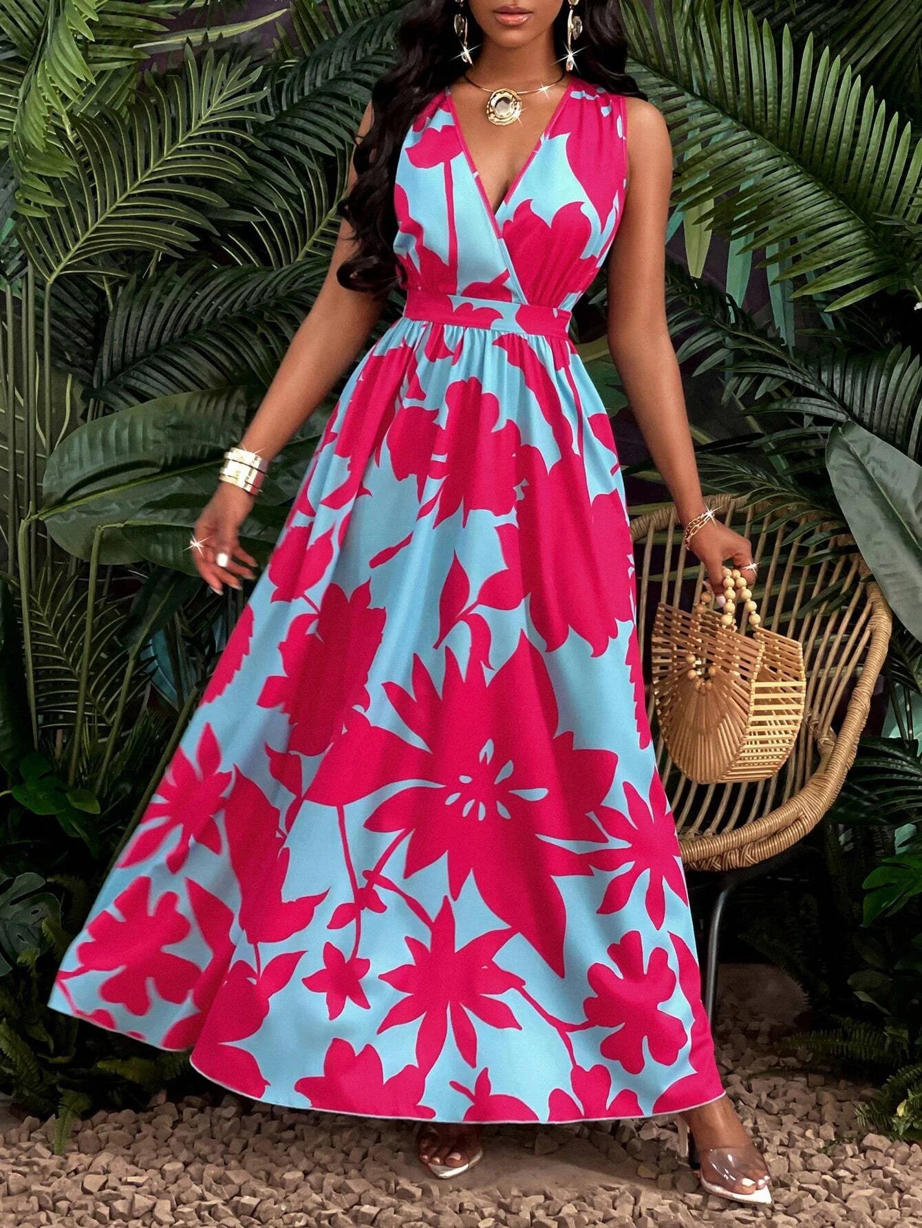 Vintage color contrast sleeveless V-neck dress, unique print interpretation elegant style