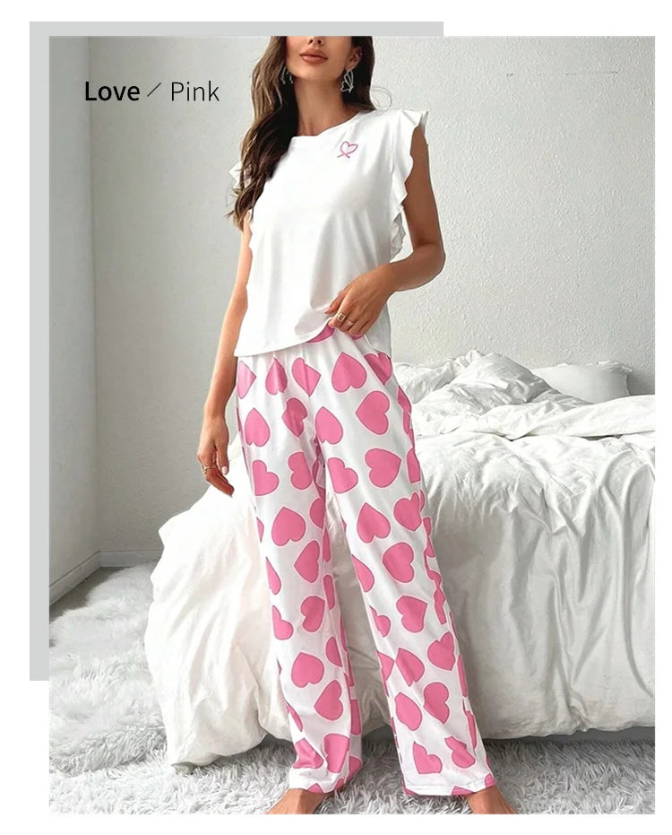Heart & Letter Printed Womens Pajama Pj Set Soft Short Sleeve Tops & Elastic Waist Pants Pyjama Pijama Femme Casual Home Clothes