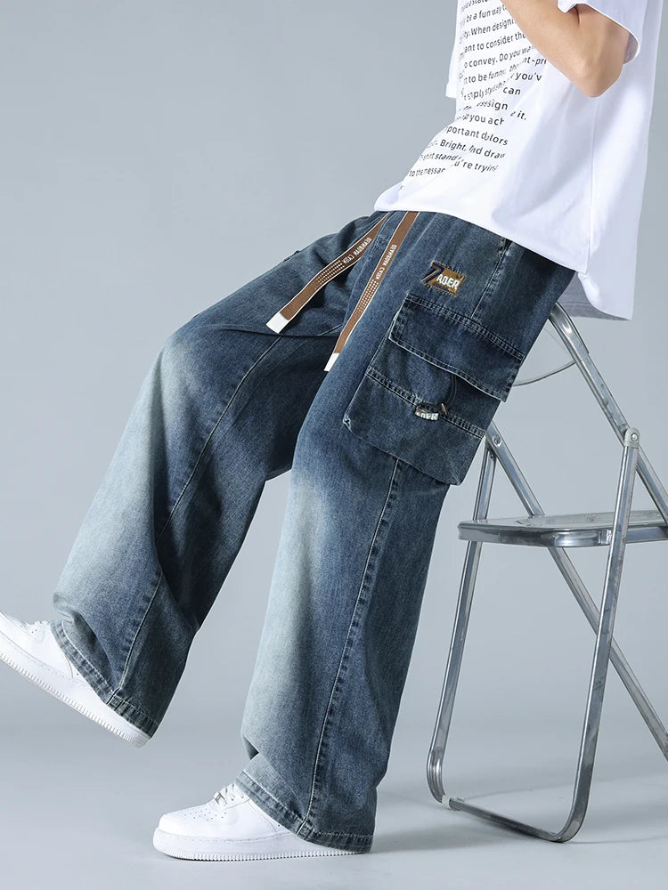 Summer Men's Straight Jeans Multi-Pockets Wide Leg Denim Cargo Pants 8XL 7XL 6XL Big Size Lightweight Baggy Jeans Trousers
