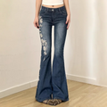 Retro Y2k Jeans Baggy Floral Embroidery Jeans Women Vintage 2000s Low Rise Flared Denim Pants High Street Basic Trousers