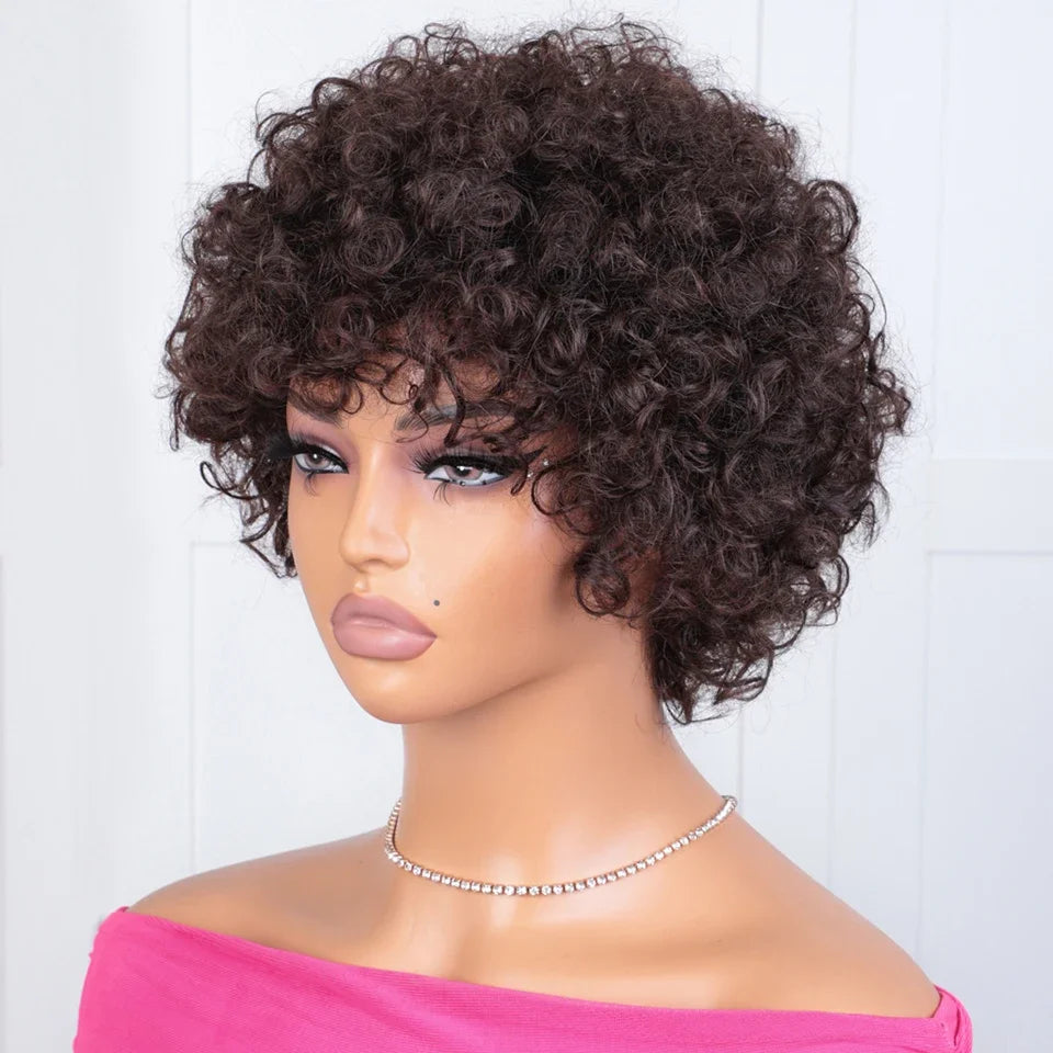 Brazilian Short Bob Pixie Afro Kinky Curly Wigs With Bangs For Black Women Natural Brown 99J Full Machine Made Human Hair Wigs