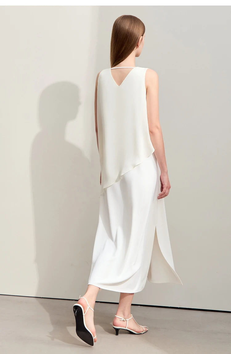 Amii Minimalism 2024 Women Dresses Summer New Vacation Style V-neck Spliced Chiffon Female Sleeveless Loose Dress 12452102