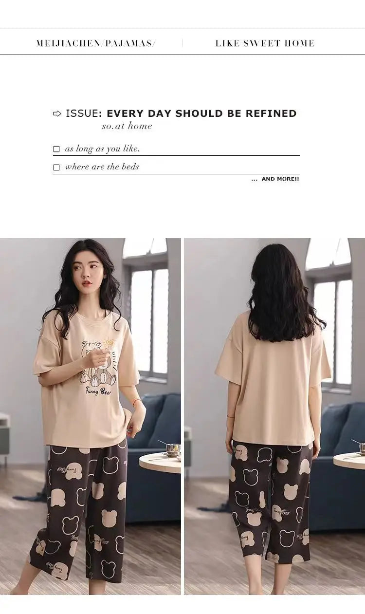 Women Pajamas Sets Plus Size Summer Silk Sleepwear Ladies Thin Short-Sleeved Seven Pants O-Neck Casual Cat Home Wear Night Wear