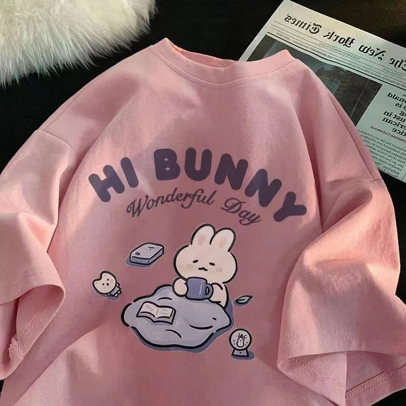 Summer Japanese Cute Tea-drinking Rabbit Printed Short-sleeved T-shirt for Ladies and Boys Same Loose Casual Large-size Top