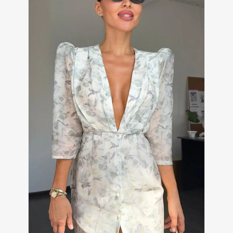 Fashion Organza Floral Printed Maxi Dress V-Neck Puff Sleeve 2026 Spring/Summer Romantic Women Party Gown Elegant Lady Vestido