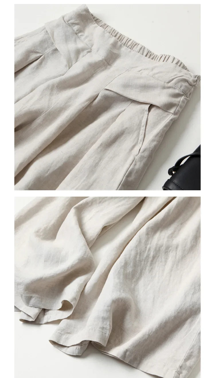2026 Summer Women's Culottes Cotton Linen Cropped Wide Leg Pants Elastic Waist Casual Palazzo Trousers with Pockets