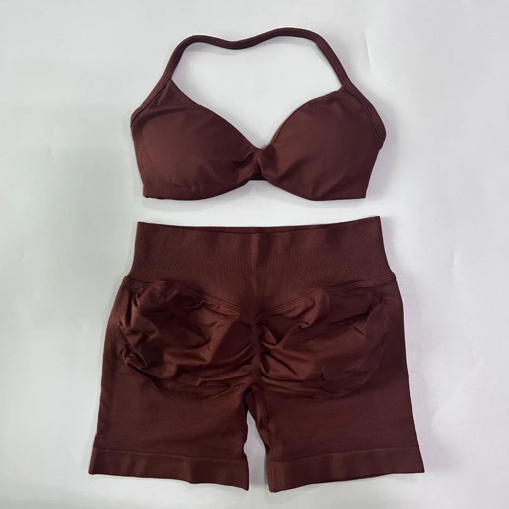 NO LOGO 2PCS Gym Set Women Strappy Yoga Bra Top High Waist Workout Scrunch Shorts Sports Suit Seamless Yoga Set Fitness Clothes