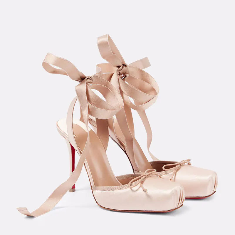 European and American Niche High-heeled Square Toe Ankle Strap Satin Bow Ballet Toe Cap Red Sole Plus Size Women's Sandals