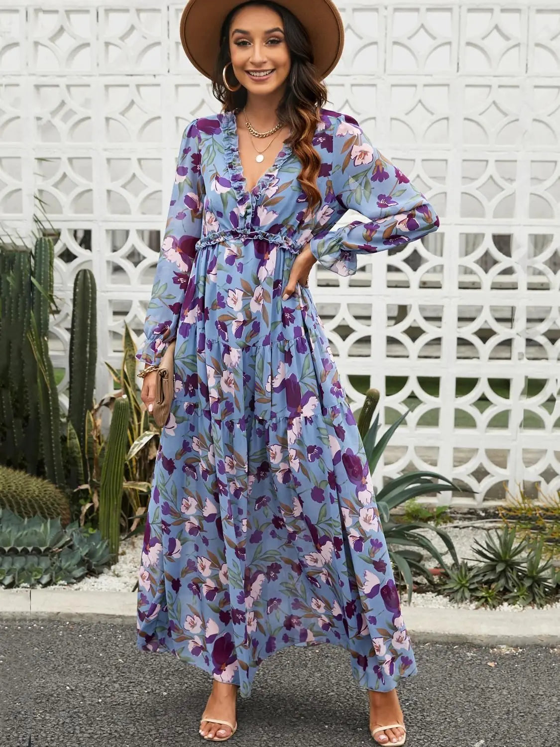 Elegant Floral Print Women Summer Casual Ruffle Layered Long Sleeved V-neck A Line Long Maxi Party Loose Boho Dresses