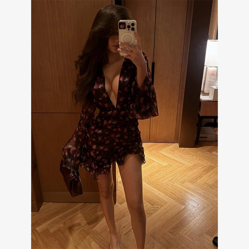 Flora Painted Ruffle Mini Dress Women Elegant Full Sleeve Deep V-neck Slim A-line Dresses 2026 Lady Holiday Street Outwears New