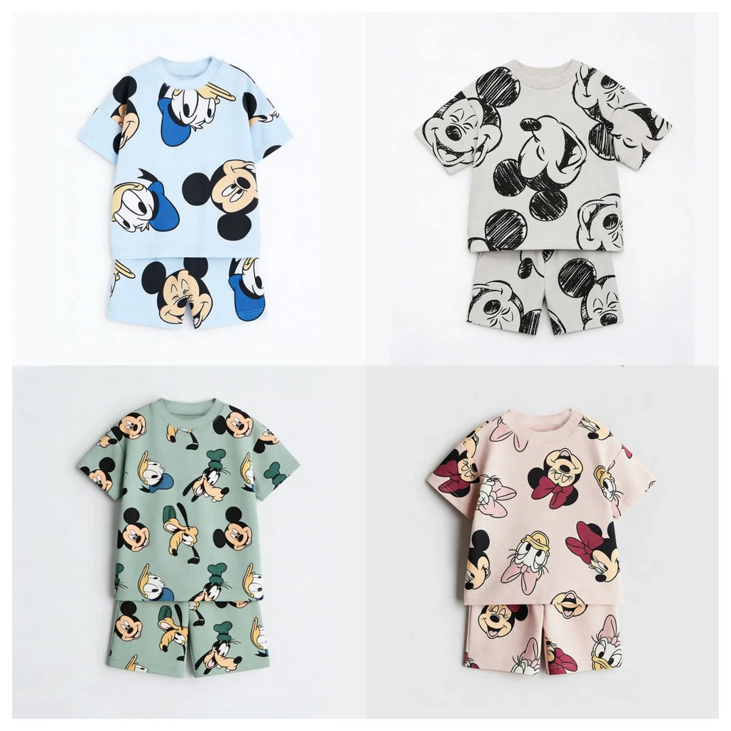 Disney Mickey Children's Sports Set Cartoon Fashion Loose Girl Baby Boy Short Sleeve Round Neck T-shirt+shorts Two Piece Set