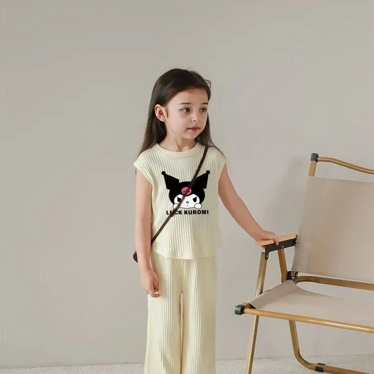 2026 Summer Kuromi Anime Kawaii Baby Ice Silk Sleeveless Vest Top Pants Two Sets Cute Cartoon Children Clothes Gifts for Kids