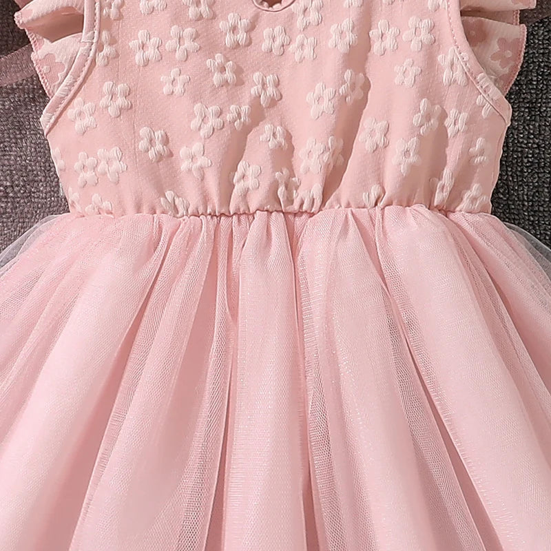 Kids Princess Dress For Girls O-Neck Wing-Sleeve Bowknot Floral Print Embroidery 4-7 Years Summer Sweet Birthday Party Clothing