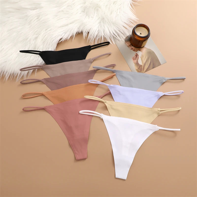 5PCS Seamless Underpants Women Ice Silk Thongs Sexy Low Waist Bikini T-back Female Solid Color Traceless G-String Panties XS-XL