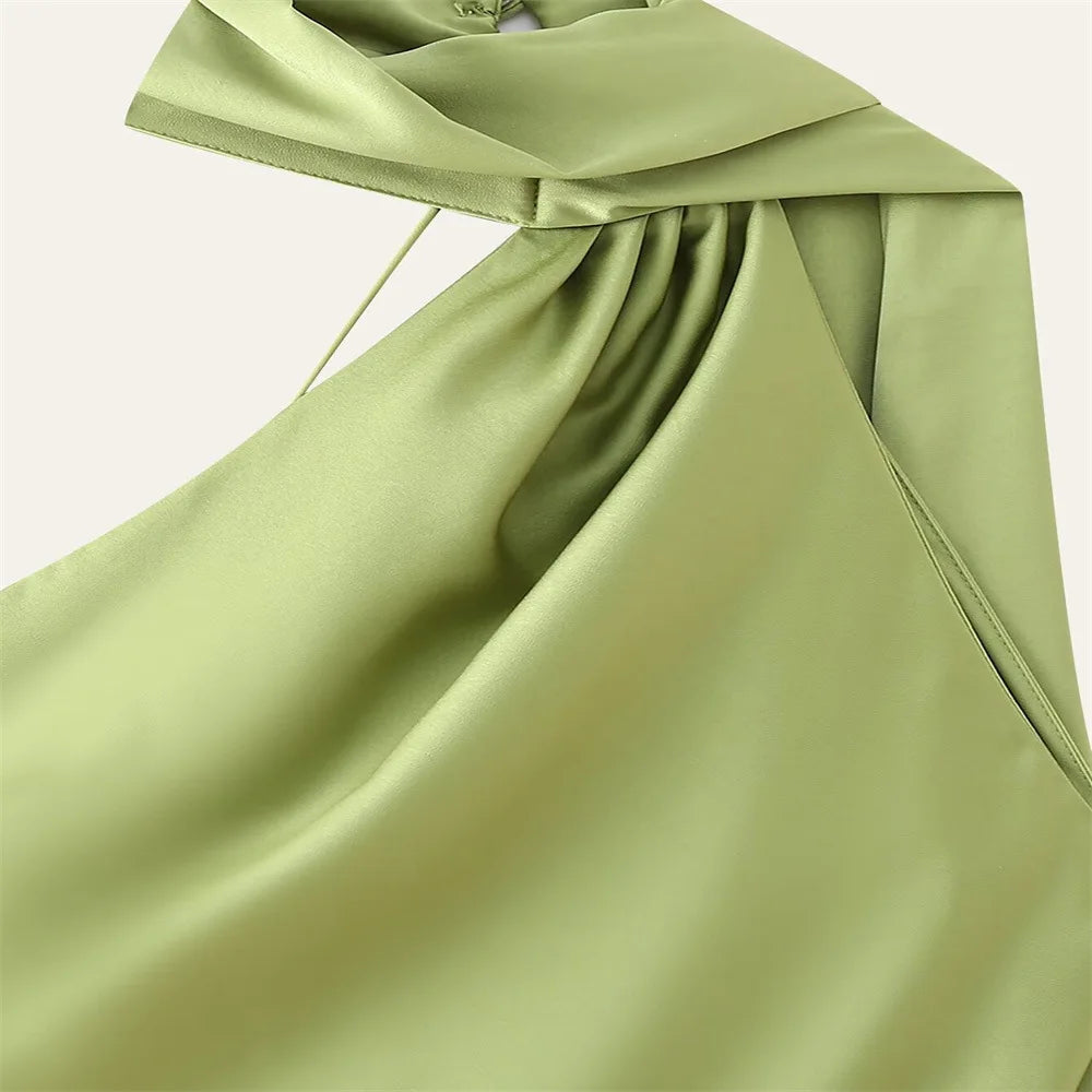 VEITCHE Elegant Women's Soft Silk Satin Long Dress Halter Backless Sleeveless Maxi Dresses Summer Lady Long Ribbon Party Gowns