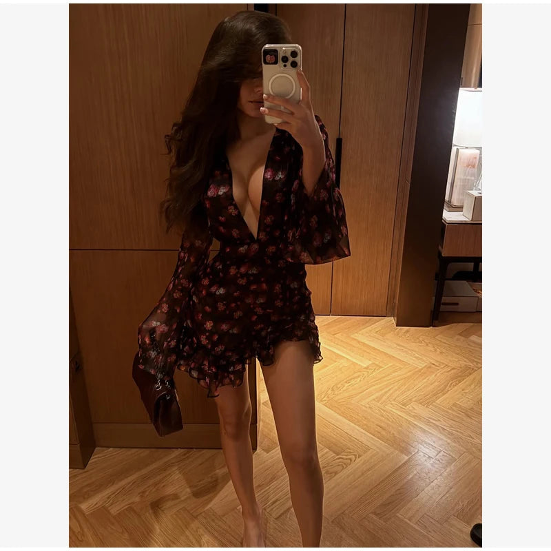 Elegant Flora Painted Ruffle Mini Dress Women Chic Full Sleeve Deep V-neck Slim A-line Dresses 2026 Lady Holiday Street Robe New