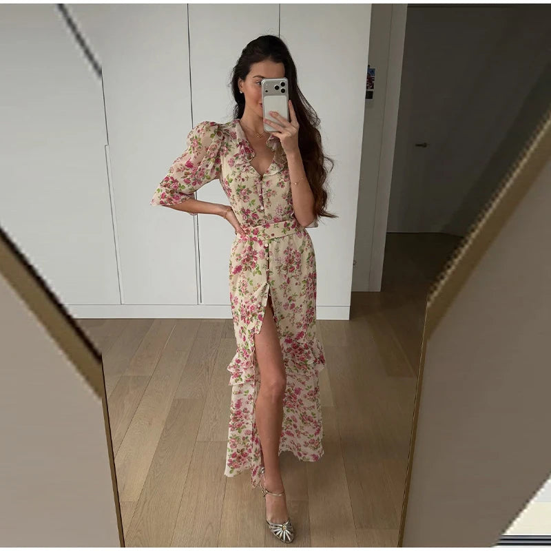 Organza Floral Printed Maxi Dress V-neck Puff Sleeve 2026 Spring/summer Romantic Women Party Gown Fashion Elegant Lady Vestido