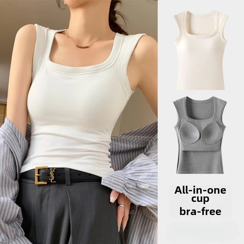 2026 New Wide Shoulder Strap Women's Vest with Chest Pad Summer All-match I-shaped Vest Slim Fit Base Top Fashion Outer Wear