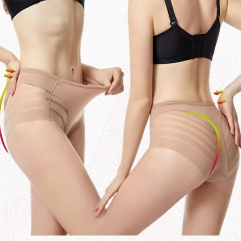 2Pcs/Set Women's Ice Silk Tummy Control Panties Mid Waist Mesh Splice Shaping Briefs Butt Lifter Slimming Soft Underwear M-3XL