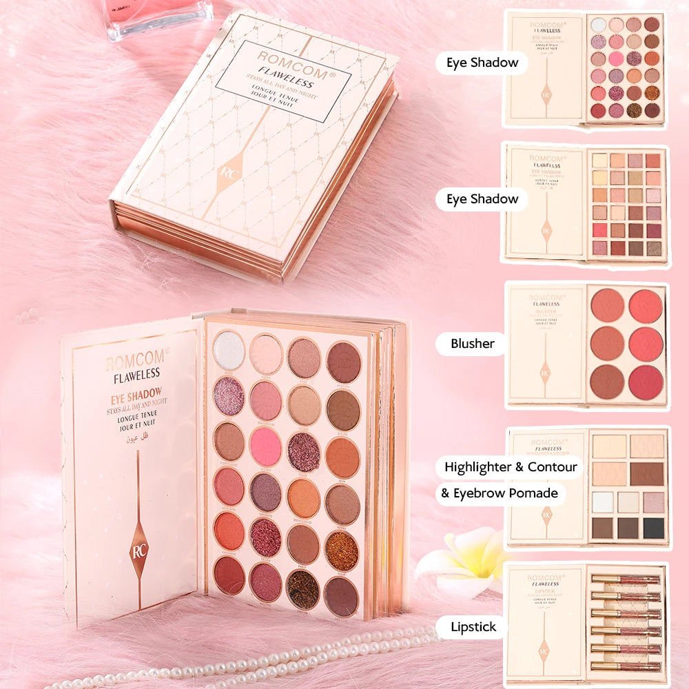 The makeup magic book contains eye shadow, lip gloss, powder blusher highlight, an ideal gift for women in holiday parties