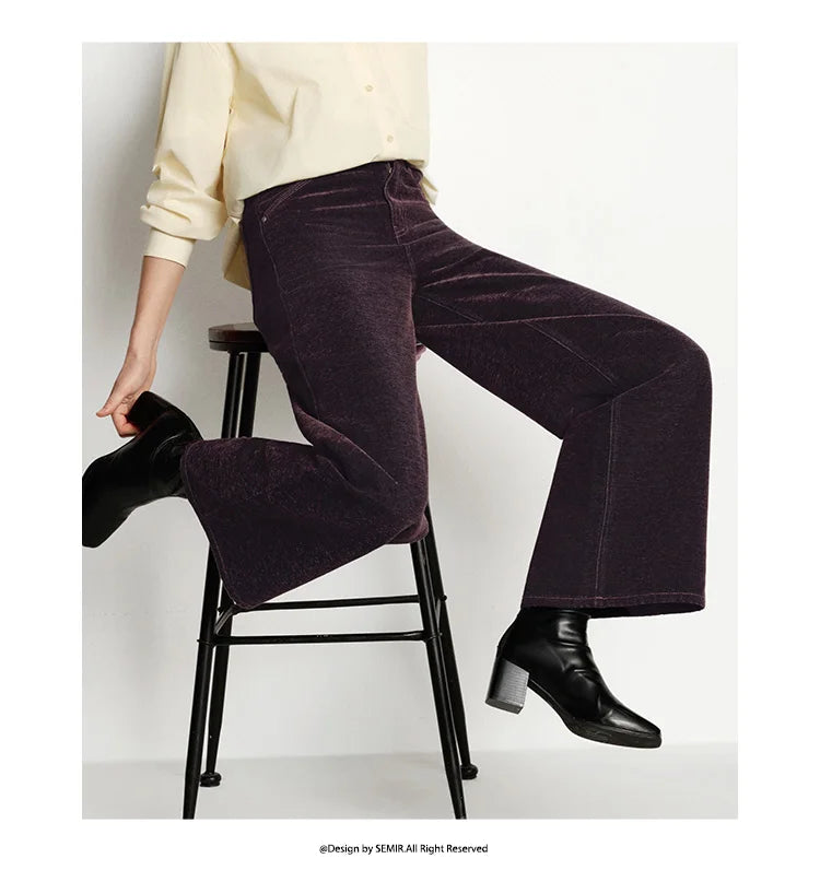 Semir Jeans Women Maillard Flocked Long Pants Cool Style 2025 New Winter Fleece Lined Loose Wide Leg Retro Women's Clothing