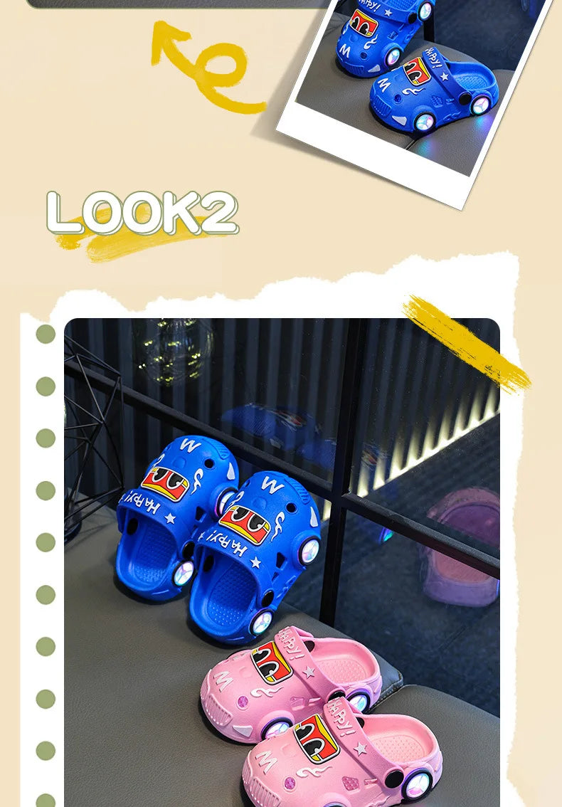 Children's Slippers 2026 Summer New Boys' Car Shaped Wheels Will Light Up Anti Slip Soft Bottom Baby Beach Slippers