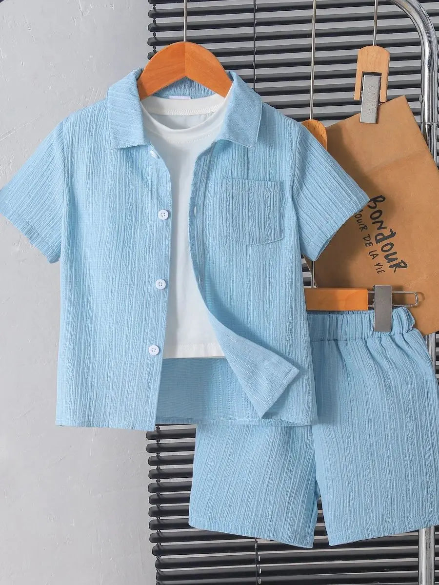 New summer men's short-sleeved woven pure blue button pocket + loose shorts two-piece set