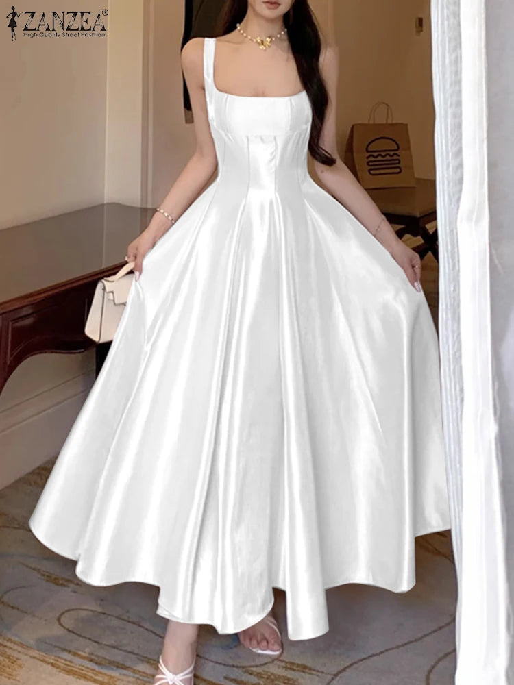 ZANZEA Women's Elegant White Satin Long Dresses Wedding Guest Cocktail Evening Party Dress Square Neck Sleeveless Robes Femme