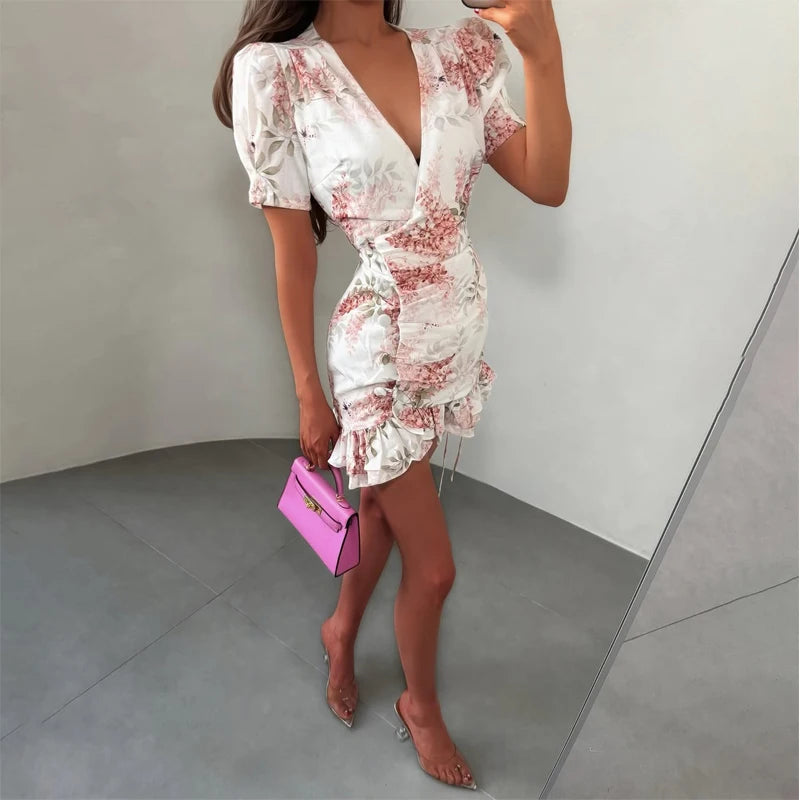Sexy Pink Floral Print Ruffle Slim Short Dress Women Elegant V-neck Pleated Puff-sleeve Ruched Dresses Lady Party Club Robe New