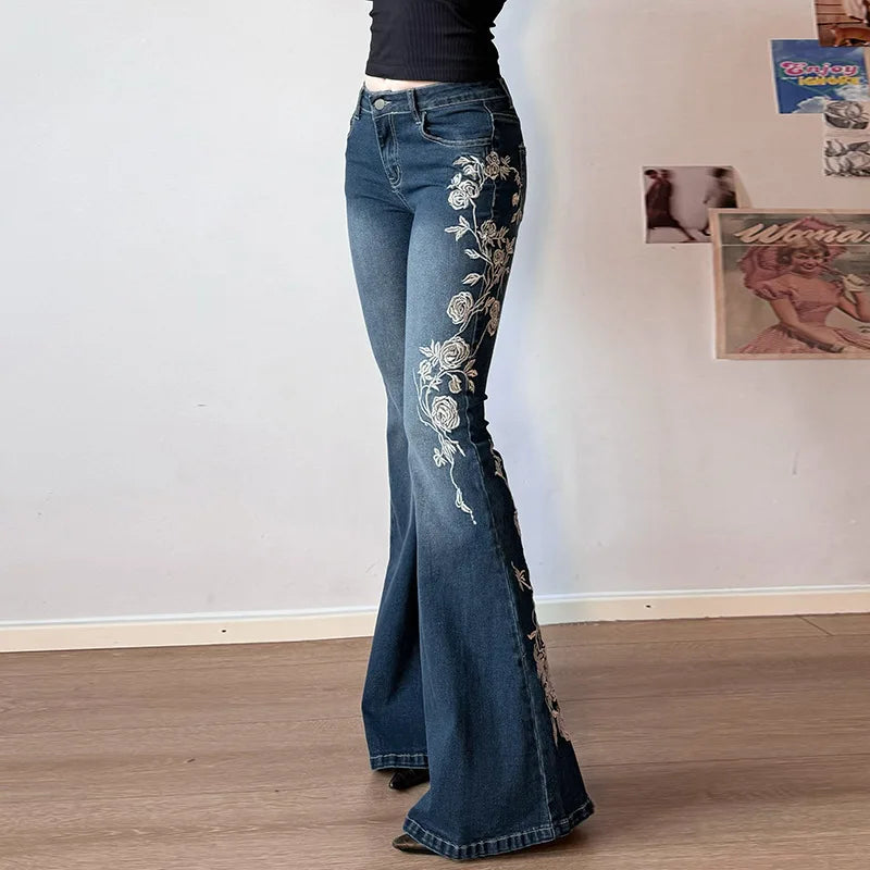 Retro Y2k Jeans Baggy Floral Embroidery Jeans Women Vintage 2000s Low Rise Flared Denim Pants High Street Basic Trousers