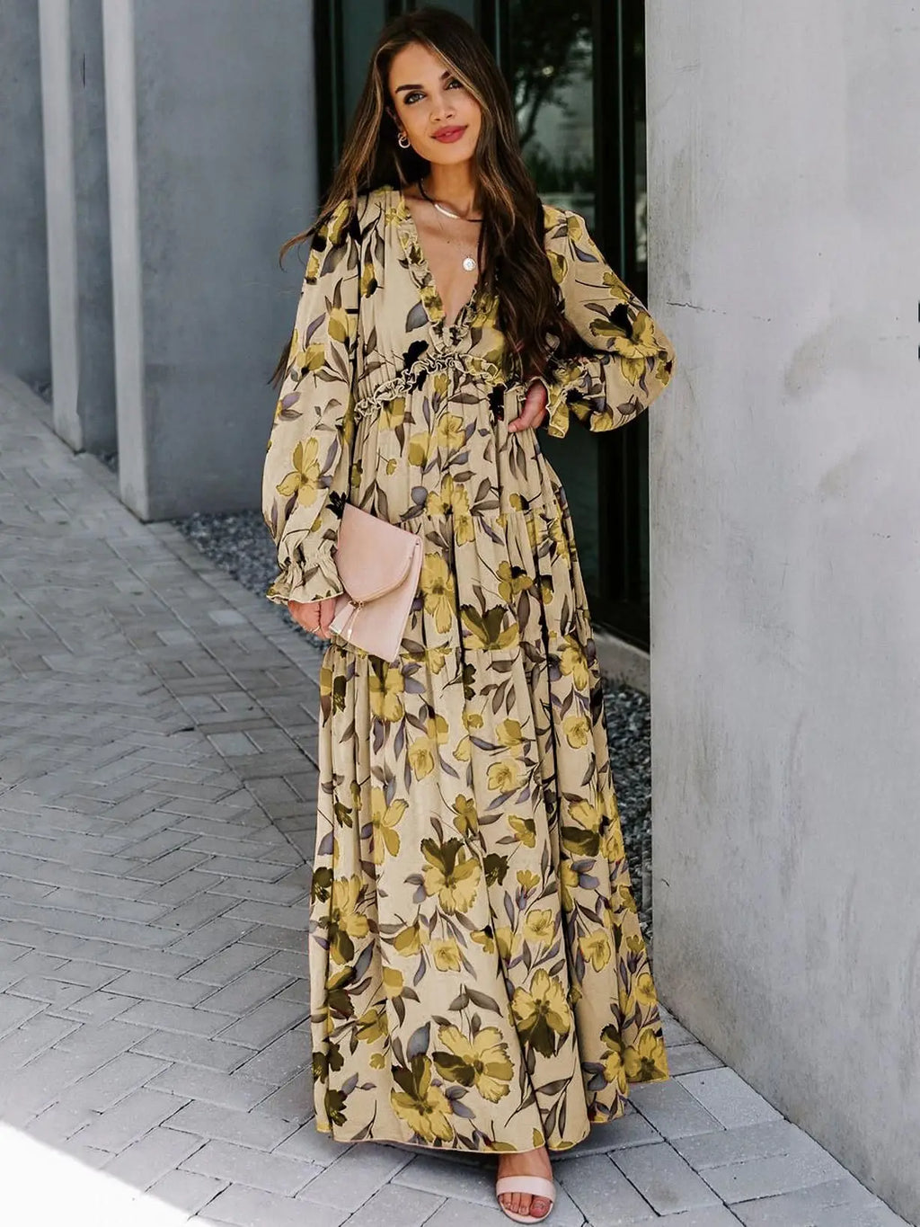 Elegant Floral Print Women Summer Casual Ruffle Layered Long Sleeved V-neck A Line Long Maxi Party Loose Boho Dresses