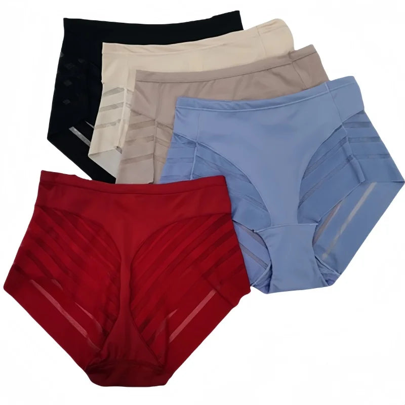 2Pcs/Set Women's Ice Silk Tummy Control Panties Mid Waist Mesh Splice Shaping Briefs Butt Lifter Slimming Soft Underwear M-3XL