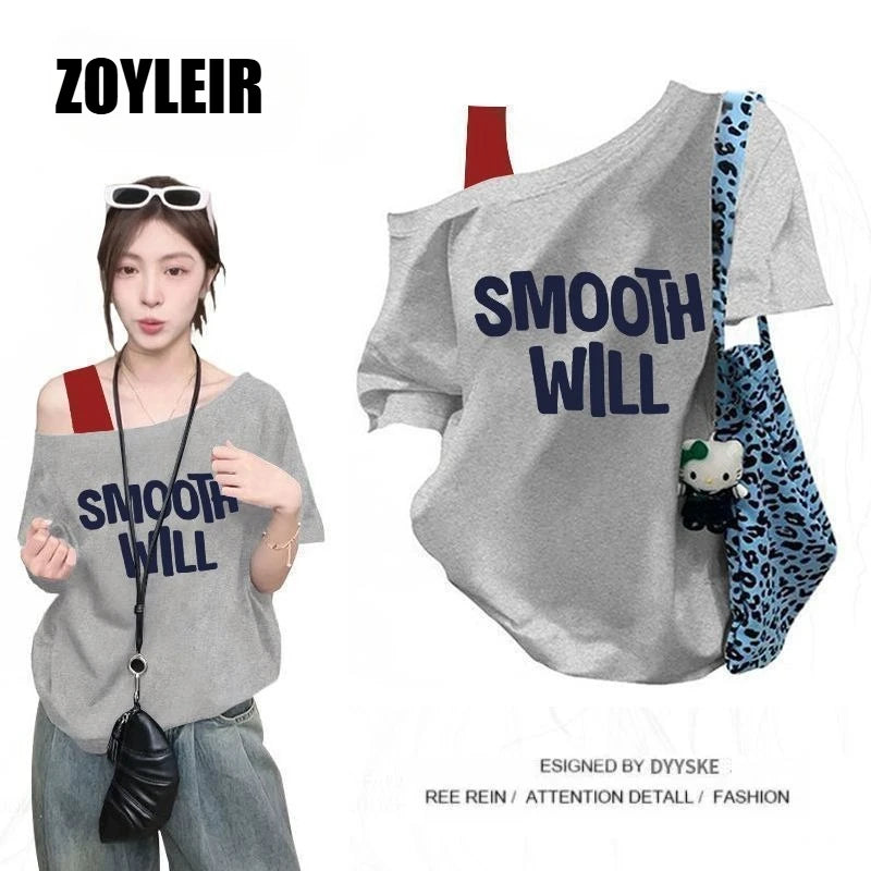 Elegant Summer One Shoulder T Shirt Women Fake Two-piece Oversize Graphic T Shirts Short Sleeve Off Shoulder Top Sport Casual