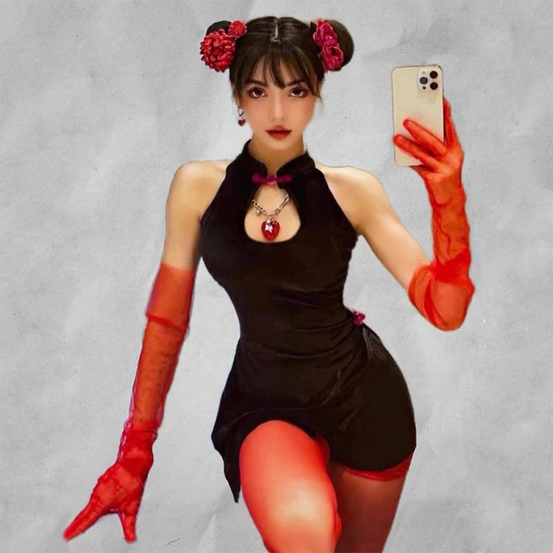 New Year Bar DS Performance Costume Sexy Gogo Leader Outfit Retro Red Black Splittytying Flag Robe Women's Stage Costume