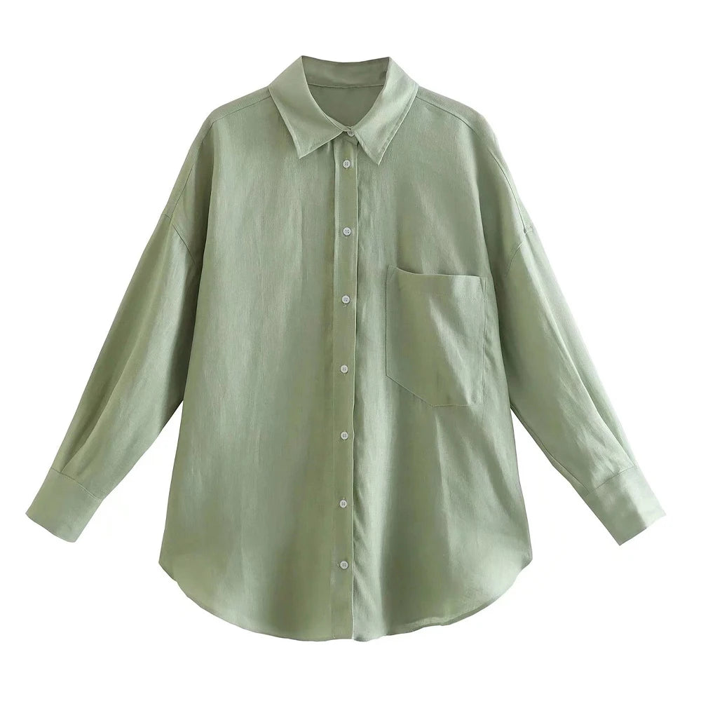 Women Fashion With Pocket Oversized Shirts Vintage Long Sleeve Button-up Female Blouses Blusas Chic Tops