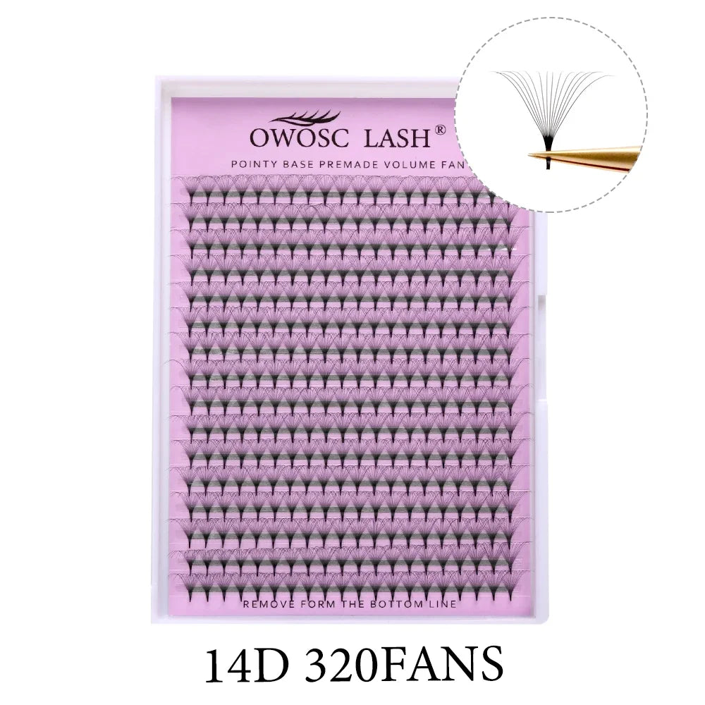 OWOSC Pointy Base Premade Volume Fans Eyelash Extension 3D/6D/8D/10D/12D/14D Individual Sharp Pointy Stem 320 fans Custom Logo