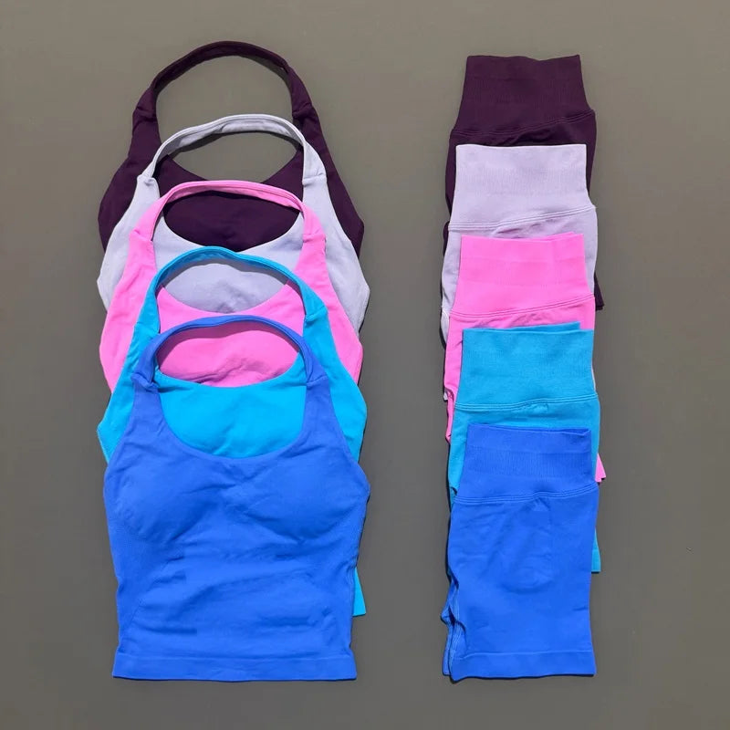 2 Peice Histello Sports Set Women Seamless Halter Top Longline Strappy Padded Scrunch Shorts Set Yoga Suit Gym Workout Sets