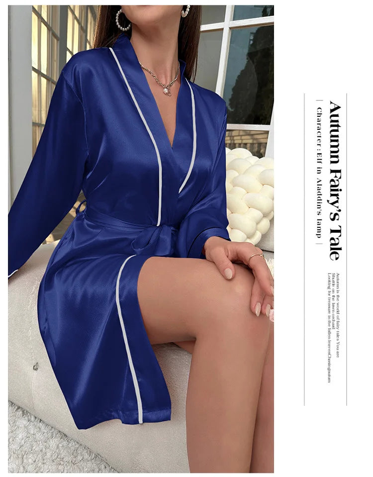 Womens Sexy Satin Robe Long Sleeve V Neck Short Kimono Contrast Piping Belted Sleepwear Loungewear Bridal Party Dressing Gown