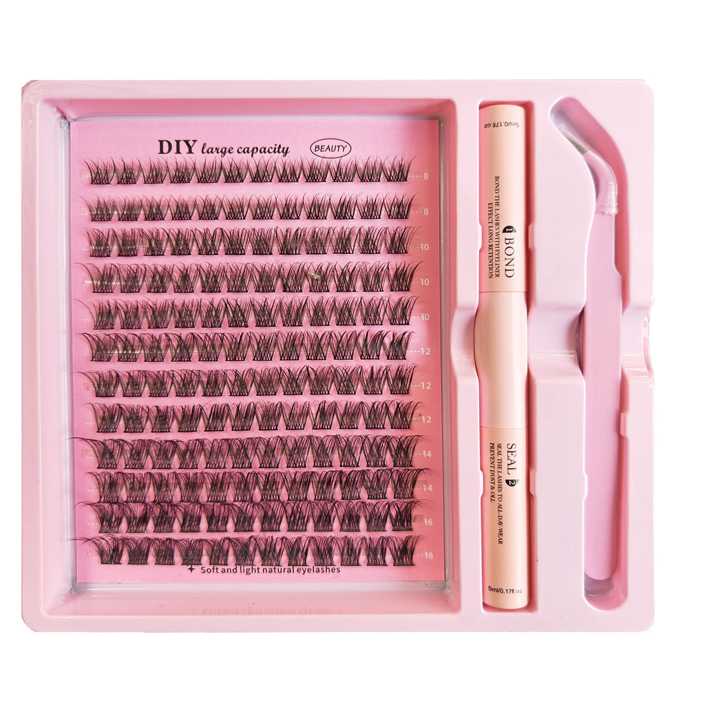 DIY Clusters Lash Kit Full Set 8-16mm Mix Bond&Seal Tweezers Lash for Self Application Makeup Individual Eyelash Extensions