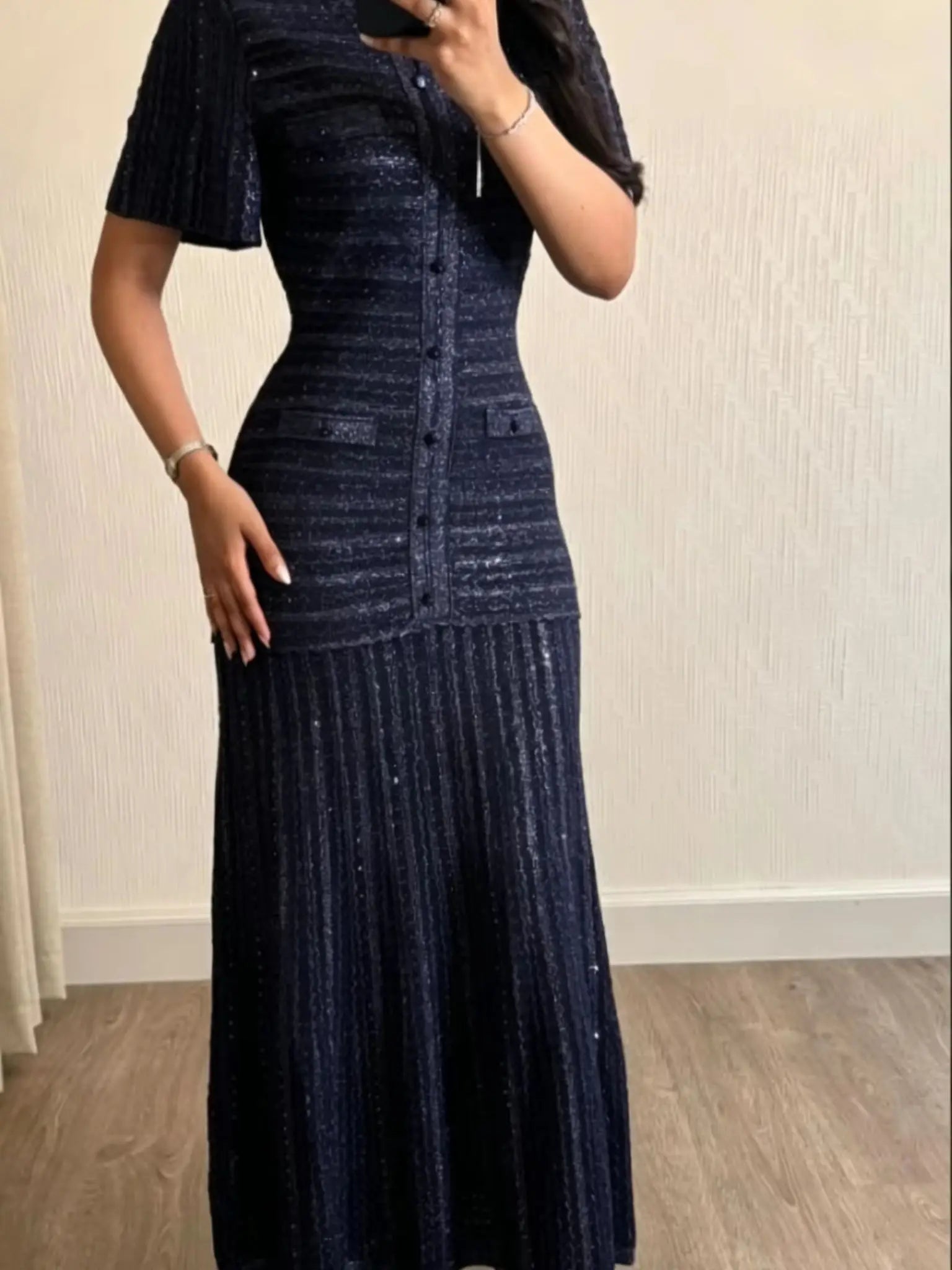 Cinched Waist Sequin Maxi Dress for Women Round Neck Short Sleeve Knitted Dresses 2026 NEW Hollow Out Single Breasted Midi Robes