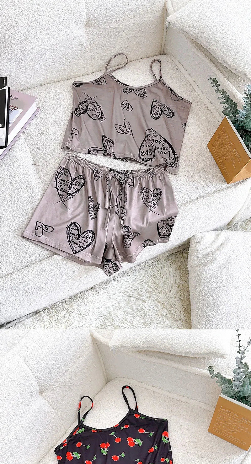 2Pcs Satin Pajama Set for Women Sleepwear Sexy Strap Vest Top Shorts Nightwear Pijamas Sexy Lingerie Sleep Shorts Set Sleepwear