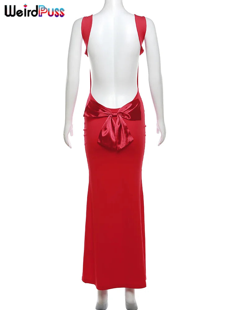 Weird Puss Bow Lace Up  Women Maxi Dress Sleeveless Sexy Backless Slim Bodycon Festival Evening Party Elegant Mermaid Long Robe