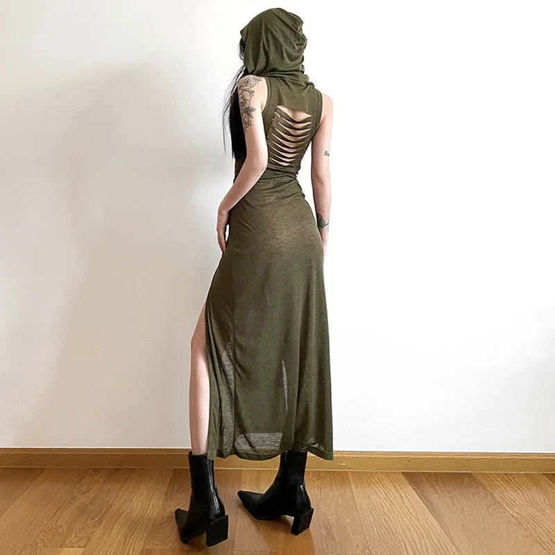 y2k Dress Women Clothes Solid Color Sleeveless Hollow Out Back Slit Hooded Dress 2000s Halloween Party Dresses