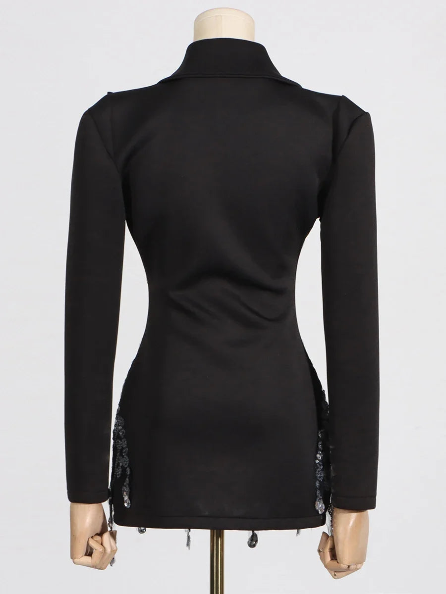 CHICEVER Designer Chic Patchwork Diamonds Mini Dress for Women Notched Collar Long Sleeve High Waist Slimming Dresses Female New