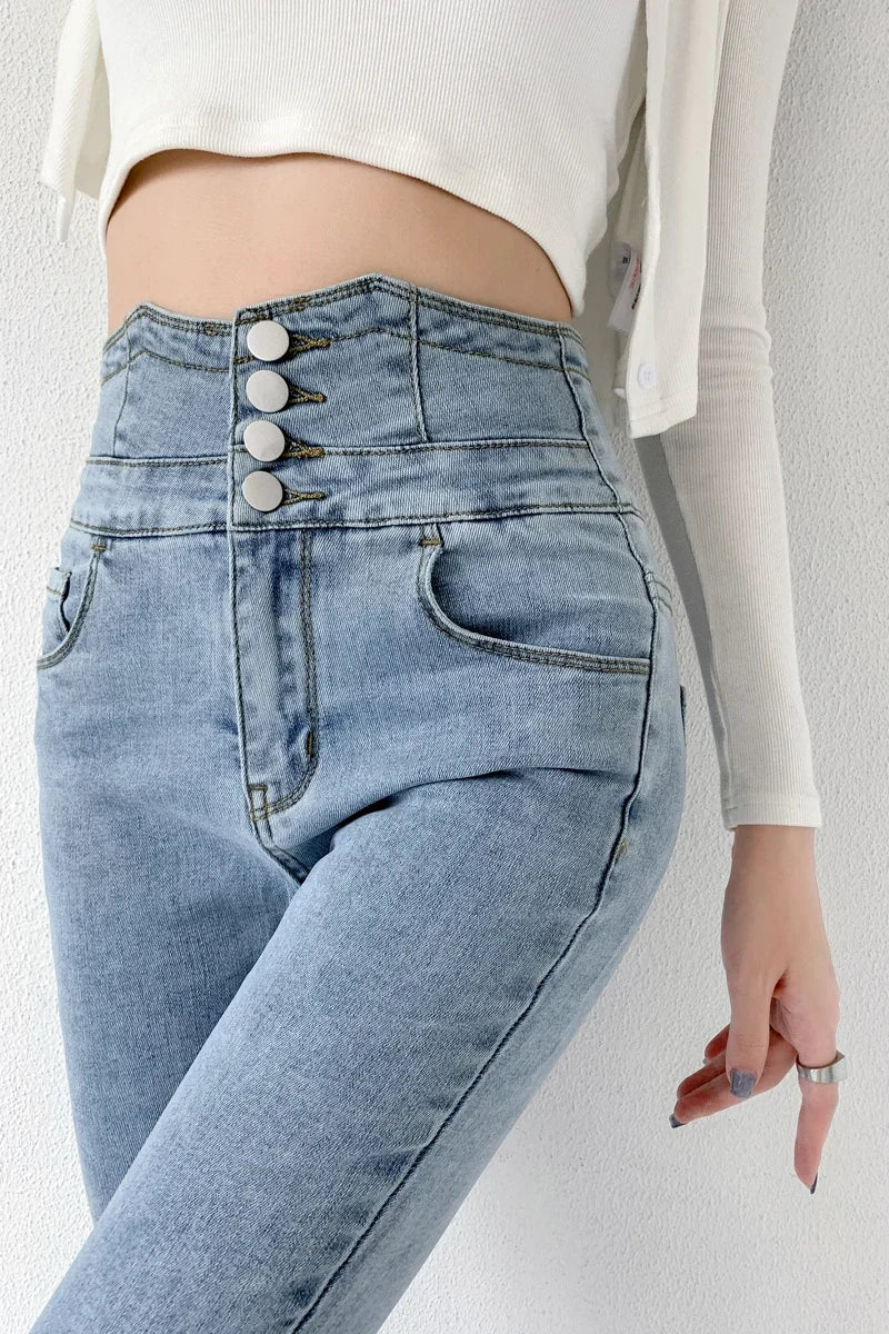 Skinny Pencil Y2K Jeans Four Buttons Vintage High Waist Women Slim Stretch Denim Pants Tight Trousers 2025 Women's Denim Pants
